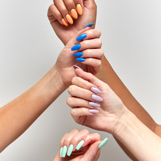 en Vogue Lac it! Do no Disturb punchy pastel orange crème, Poolside creamy, mid-toned cobalt blue, Unplugged soft pastel mauve-lilac crème and Off the clock cool-toned pastel lime-green crème UV/LED gel polish for professional nails and extensions. Shown 