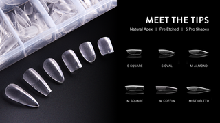 COVR soft gel nail tip display with various shapes on a black background