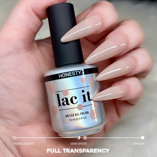 en Vogue Lac it! honesty sandy peach jelly UV/LED gel polish for professional nails and extensions, shown on stiletto nails holding polish bottle