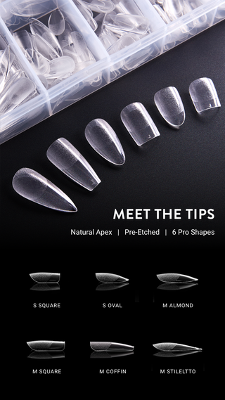 COVR soft gel nail tip display with various shapes on a black background