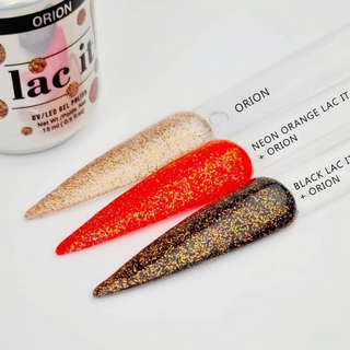 en Vogue Lac It! Orion jelly orange base with fine orange and holographic microglitters UV/LED gel nail polish for professional nails and extensions on extra long nail stick swatches